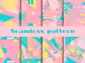 Memphis seamless pattern set. Geometric elements memphis in the style of 80`s. Pastel colors. Vector Royalty Free Stock Photo