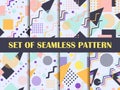 Memphis seamless pattern set. Geometric elements memphis in the style of 80`s. Pastel colors. Vector Royalty Free Stock Photo