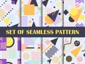 Memphis seamless pattern set. Geometric elements memphis in the style of 80`s. Pastel colors. Vector Royalty Free Stock Photo