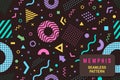 Memphis seamless pattern. Vector. Different halftone geometric shape and colorful geometric shapes seamless pattern.