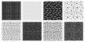 Memphis seamless patterns. Geometric lines and dots texture, black and white 80s textures and funky pattern vector set