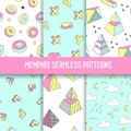 Memphis Style Abstract Seamless Patterns Set with Geometric Elements. Funky Hipster 80s-90s Fashion Backgrounds Royalty Free Stock Photo