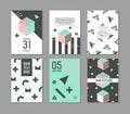 Memphis Style Geometric Elements Poster Templates Set. Abstract Hipster Fashion 80s 90s Cards Brochure Banners with Place for Text Royalty Free Stock Photo