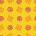 Memphis style geometric shapes vector abstract seamless pattern background. Orange yellow backdrop with waffle squares Royalty Free Stock Photo