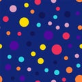 Memphis style polka dots pattern on dark blue.