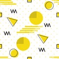 Memphis style repeat seamless pattern of geometric shapes circles triangles lines yellow on white background Royalty Free Stock Photo