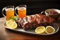 memphis-style ribs with a jug of iced tea beside