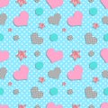 Memphis style seamless pattern with hearts and glitter stars. Cute endless background, template for card, banner, clothes, wrap. Royalty Free Stock Photo