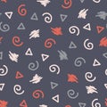 Memphis style shapes seamless vector background. Modern abstract pattern. Twirls, triangle, scribble blue, red, white for fabric,