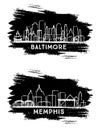 Memphis Tennessee and Baltimore Maryland City Skyline Silhouette Set Royalty Free Stock Photo