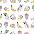 Memphis Tropical Fruit Pattern, Pinapples, Bananas, Watermelon Stripes Seamless