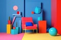 armchair home memphis colorful colourful room design interior geometric art sofa. Generative AI.