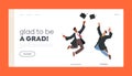 Men Alumnus Celebrating Glad to be Grad Landing Page Template. University Graduation, Male Characters in Graduation Gown Royalty Free Stock Photo