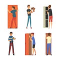Men assembling furniture at home set. Male characters making wooden furniture cartoon vector illustration