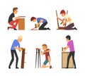 Men assembling furniture set. Male characters making wooden furniture using drill cartoon illustration