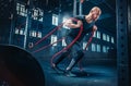 Men with battle rope battle ropes exercise in the fitness gym. CrossFit. Royalty Free Stock Photo