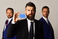 Men with beard and serious faces advertise company and partnership Royalty Free Stock Photo