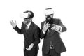 Men bearded formal suits. Digital technologies. Business innovation. Vr presentation. Men vr glasses modern technology