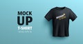 Men black t-shirt 3d render front view mock up. Vector realistic mockup of male blank t-shirt short sleeves, sport or