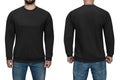 Men in blank black pullover, front and back view, white background. Design sweatshirt, template and mockup for print.