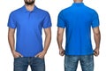 Men in blank blue polo shirt, front and back view, isolated white background. Design polo shirt, template and mockup for print. Royalty Free Stock Photo