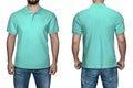 Men in blank turquoise polo shirt, front and back view, white background. Design polo shirt, template and mockup for print.