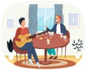 Men with board game. Guys play Who I Am. Man creates music with guitar vector illustration