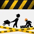 men builder wheelbarrow brick wall tape