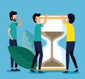 Men business teamwork with hourglass and leaves Royalty Free Stock Photo