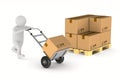 Men with cargo box on hand truck. Isolated 3D illustration