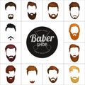 Men cartoon hairstyles with beards and mustache background. Vector illustration with isolated hipsters hairstyles icons