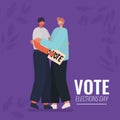 Men cartoons hugging with vote banner vector design