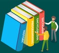 Men choose books in online library or bookstore, stand near stack of large multi-colored books