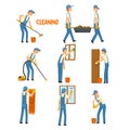 Men Cleaning and Washing Set, Male Workers Characters Dressed in Uniform and Rubber Gloves with Tools, Cleaning Service