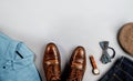 Men Clothes, Father Day Concept. Vintage Style. Flat Lay on Light Grey Background.Included Wingtips Dress Shoes, Hand Watch, Bow