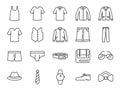 Men clothes icon set. Included the icons as shorts, workwear, fashion, jean, shirt, pants, accessories and more.