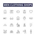 Men clothing shops line vector icons and signs. Apparel, Garments, Menswear, Fashions, Clothing, Suits, Slacks, Shirts