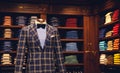 Men clothing store, suit with shirt and bow tie on mannequin Royalty Free Stock Photo