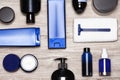 Men cosmetics must-haves - male grooming products flat lay Royalty Free Stock Photo