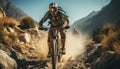 Men cycling outdoors in nature, mountain biking with speed and adventure generated by AI Royalty Free Stock Photo