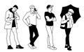 Men in different poses. Monochrome vector illustration of set of young and adult men standing in simple line art style Royalty Free Stock Photo