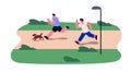 Men and dog running in park. People and doggy jogging outdoors in summer. Runners, pet owners training in nature. Guys