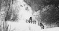 Men Dressed As White Guard Soldiers Of Imperial Russian Army In Russian Civil War Times Marching Through Snowy Winter