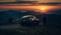 Men driving sports car on mountain road at sunset silhouette generated by AI Royalty Free Stock Photo