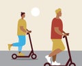 Men on an e-scooter, Flat vector stock illustration with riding a scooter as an eco-friendly transport for the street