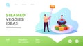 Men Eating Greenery Cooked on Steam Landing Page Template. Tiny Male Characters at Huge Plate Eating Steamed Vegetables