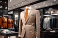 Men elegant clothing showcase. Interior of the business suit shop