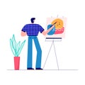 Men enjoying his hobbies, work, leisure. Character drawing. Designer and artist at work . Vector illustration in flat cartoon Royalty Free Stock Photo