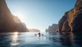 Men enjoying kayaking adventure on tranquil water generated by AI