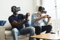 Men experiencing virtual reality with VR headset